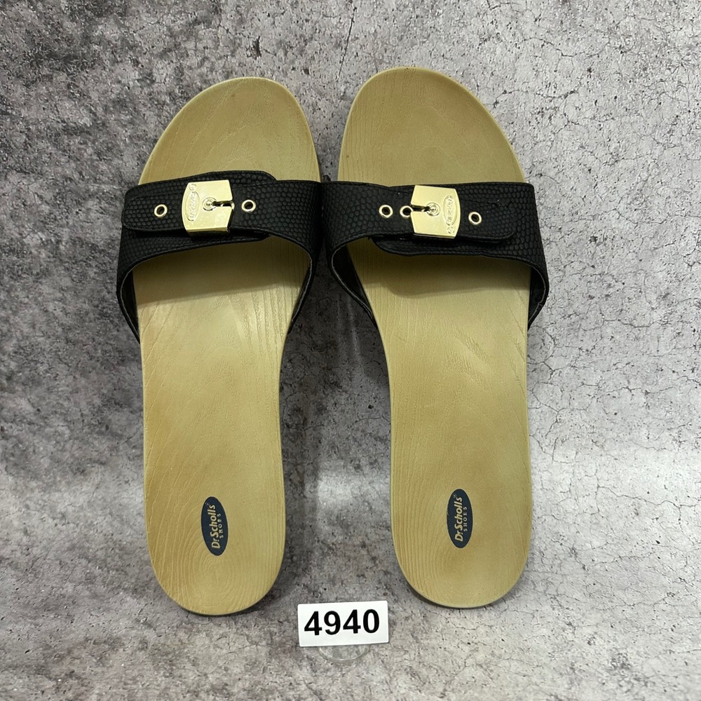 Dr. Scholls Classic Slide Sandals Women Size 9 Black Snake Gold Buckle Wedge